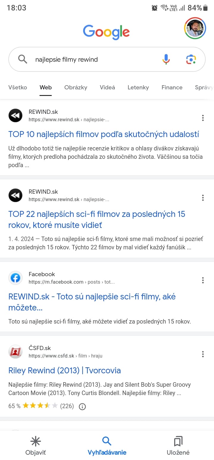 Vyhľadávanie v záložke „Web“ založené na textovom obsahu stránok